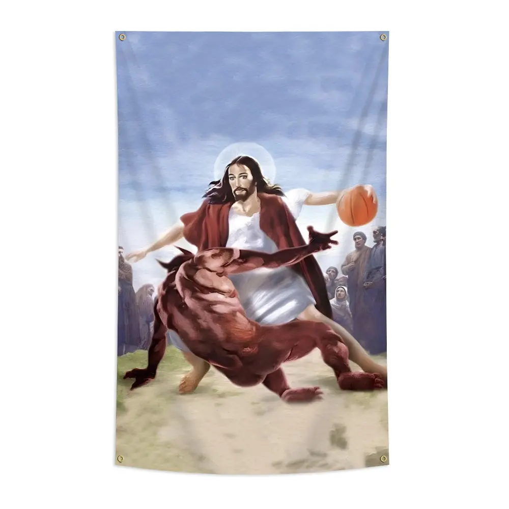 1pc, Let's Play Basketball Flag Jesus, 2*3ft(60*90cm) /3x5ft (90*150cm), 4 Grommets, Single-Sided Printing, for Indoor, Outdoor, Home, Garden, Lawn, Room, Party Background Decoration, Decorations, Decorative Banner, Outdoor Banners