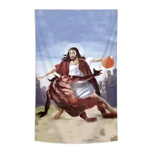 1pc, Let's Play Basketball Flag Jesus, 2*3ft(60*90cm) /3x5ft (90*150cm), 4 Grommets, Single-Sided Printing, for Indoor, Outdoor, Home, Garden, Lawn, Room, Party, Decorations, Outdoor Banners