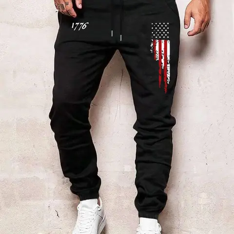 Men's American Flag  & Figure Print Drawstring Waist Jogger Pants, Casual  Regular Fit Pocket Elastic Waist Trousers  for Fall & Winter, Men's Bottoms for Daily Wear