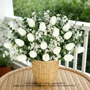 50-piece artificial flower set, includes 18 white tulips, 20 white baby's breath, 12 eucalyptus leaves, realistic artificial flowers, perfect for Valentine's Day, Thanksgiving, holiday wreaths, wedding bouquets, home decor, office and party decorations, a