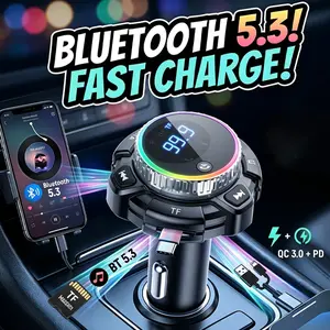 [Upgrade 5.3] Bluetooth FM Transmitter Car Charger, PD Fast Charging Dual USB Ports with Rotating Knob & RGB Ambient Light, Wireless Radio Adapter Car Accessories