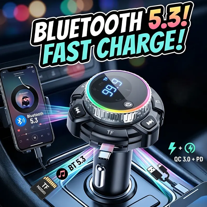 [Upgrade 5.3] Bluetooth FM Transmitter Car Charger, PD Fast Charging Dual USB Ports with Rotating Knob & RGB Ambient Light, Wireless Radio Adapter Car Accessories