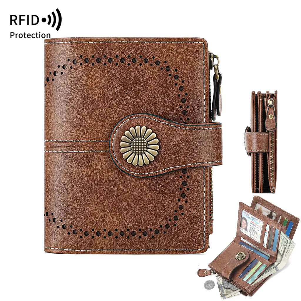 Women's Compact Bifold Wallet, Plain Vegan Leather Card Holder with RFID Blocking, Zipper Coin Pocket and Wristlet, Casual, Basic Chic, Card Slots, Short Wallet