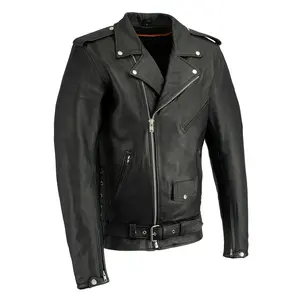 ML Men's Black Leather Side Lace Police Style Big Tall Motorcycle Jacket