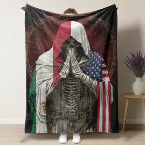 Mexico & USA Flag Skeleton Prayer Reaper Flannel Chicano Style "Roots" Edition Skeleton Prayer Blanket Print Soft Cozy Warm Lightweight AntiPilling AntiWrinkle Perfect for Sofa Bed Travel Home Decor