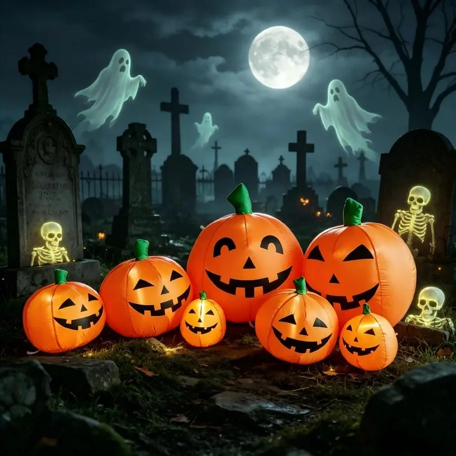 8.5FT Halloween Inflatable Pumpkin Patch with 7 Jack O Lantern Pumpkins & Built-In LED Lights, Outdoor Blow Up Pumpkin Yard Decoration for Garden, Lawn, Patio, Porch, Front Yard, Halloween Party, Trick or Treat & Holiday Display Lightweight Wall