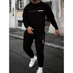 Men's Solid Color Letter Print Plush Lined Sweatshirt & Drawstring Waist Sweatpants Set, Thermal Warm Regular Fit Casual Long Sleeve Round Neck Pullover & Pocket Jogger Pants, Men's Fall & Winter Clothes