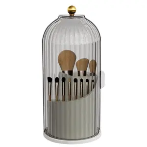 Birdcage Toothbrush Holder and Makeup Brush Organizer, 360° Rotating Dustproof Vanity Organizer, Clear Cosmetic Brush Storage for Bathroom Countertop and Vanity Table, Freestanding Toothpaste Holder