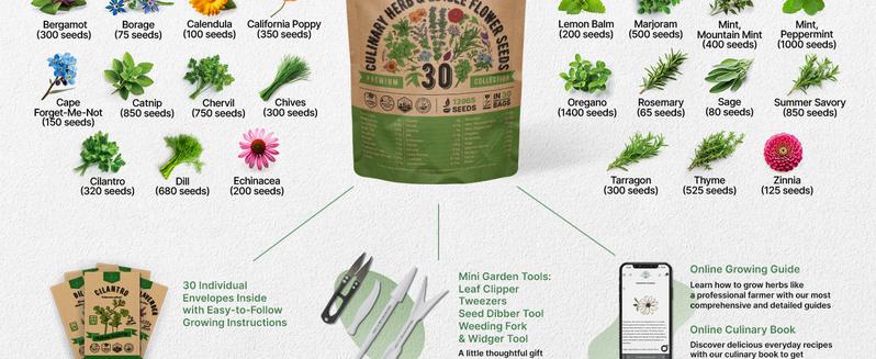 30 Culinary Herbs & Edible Flower Seeds Variety Pack