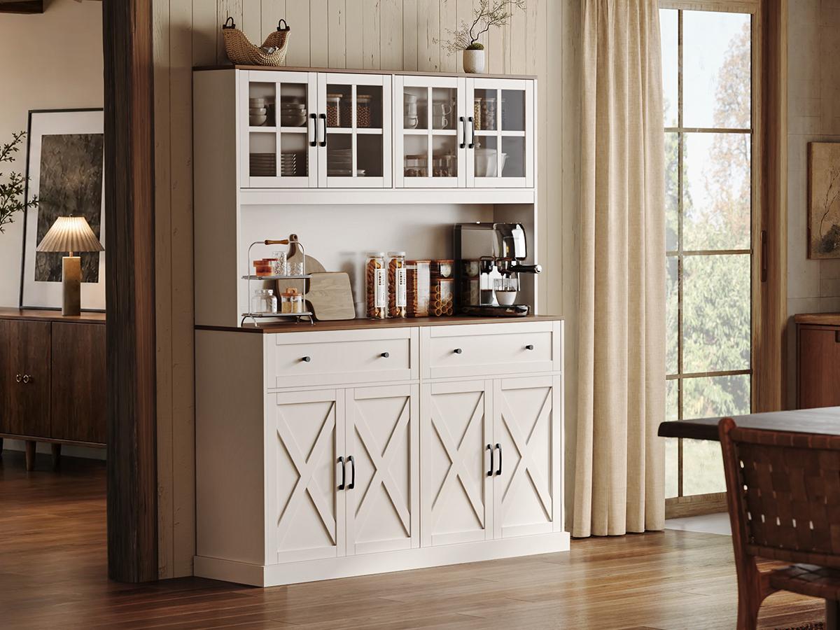 【2 Packages Shipping】PRAISUN 71''H x 55.1''W Pantry Cabinet with Charging Station, 4 Wide Cabinets Kitchen Pantry with 2 Drawers, Farmhouse Hutch Storage Cabinet, Tall Coffee Bar, Acrylic Door, Adjustable Shelves