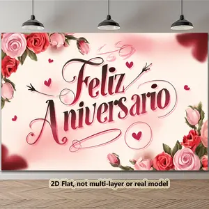 2D Flat, 1pc Elegant Spanish "Feliz Aniversario" (Happy Anniversary) Party Backdrop Banner with Pink Roses & Hearts - Large 151.89x91.95cm or 212.85x151.89cm Polyester Fabric