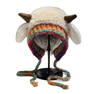 Cute Lamb Horn Fuzzy Hat for Women Korean Style Plush Beanie Winter Fall Warm Headwear Cozy Stylish Look Fuzzy Material for Added Comfort