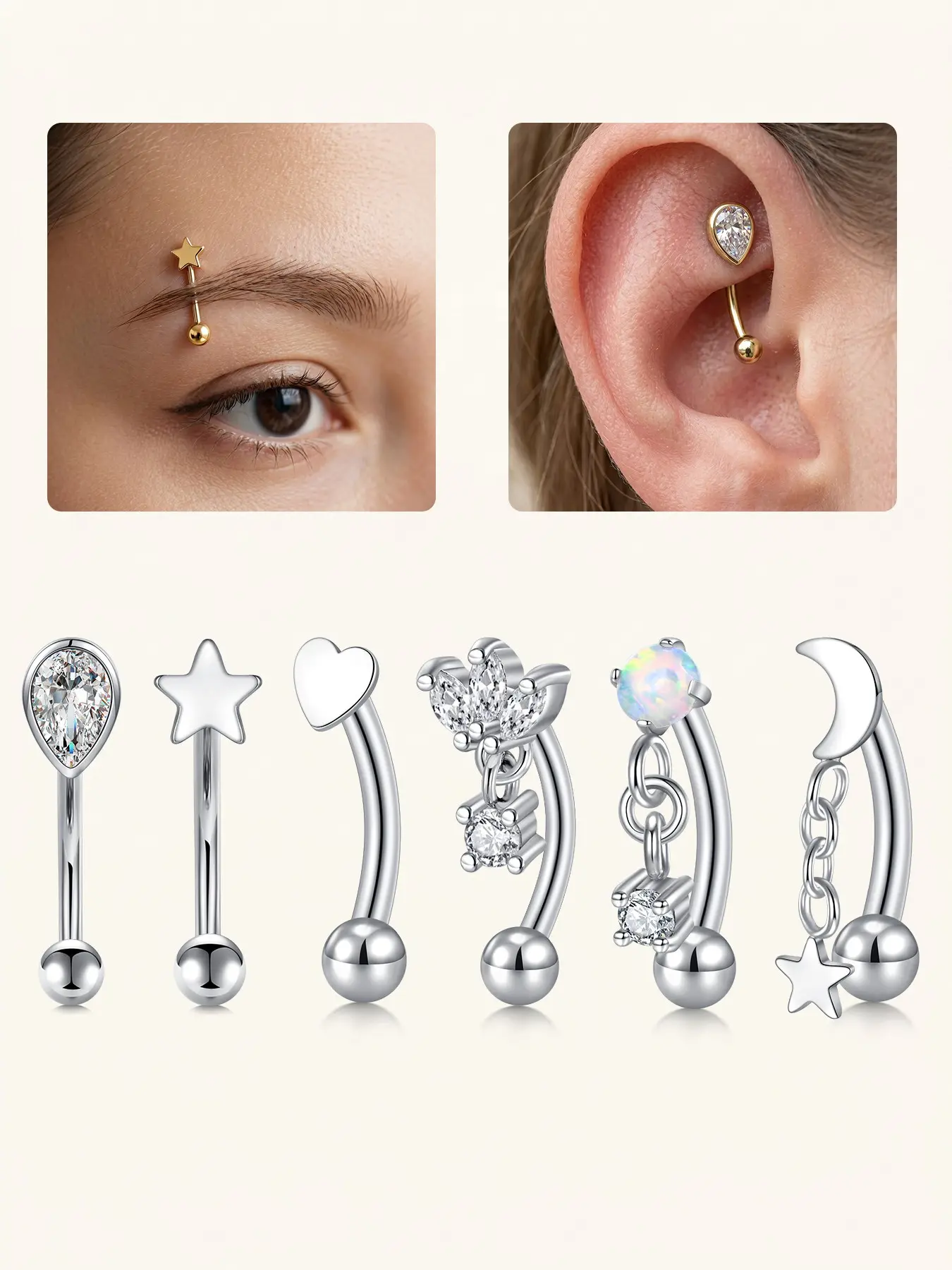 Stainless Steel Rook Piercing, Eyebrow Rings Heart, Cz, Moon-Shaped, Rook Earrings for Women and Men, Tongue Retainer Body Piercing Jewelry
