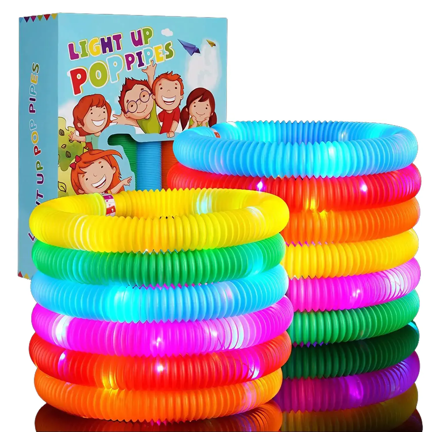 Light Up PopPipes 12-PC Stress Relief Toy Set, Glowing Stick Gifts for Kids, Holiday Party Favors, Fun Interactive Glow-in-the-Dark Classic Novelty Toytalking fidgets