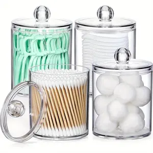 Acrylic Qtip Holder Dispenser for Cotton Swabs Balls Pads Floss Picks Small Clear Plastic Canister Apothecary Jar Set Bathroom Essentials Accessories Decor Vanity Makeup Storage Organizer Bottles Decorative