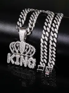 1pc Trend Exaggerated Crown with 'KING' Letter and Iced out Bling Cuban Chain Pendant Necklace set for Men Women Hip Hop Crown Pendant Necklace Punk Style Accessory Suitable for Daily Matching Cuban Link Design