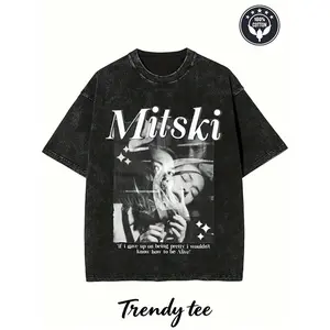 230G Washed Pure Cotton T - Shirt, Men'S Casual Fashion, With Mitski Portrait And Text Print, Outdoor Sports T - Shirt |   Loose Fit |   Soft Knitted T - Shirt