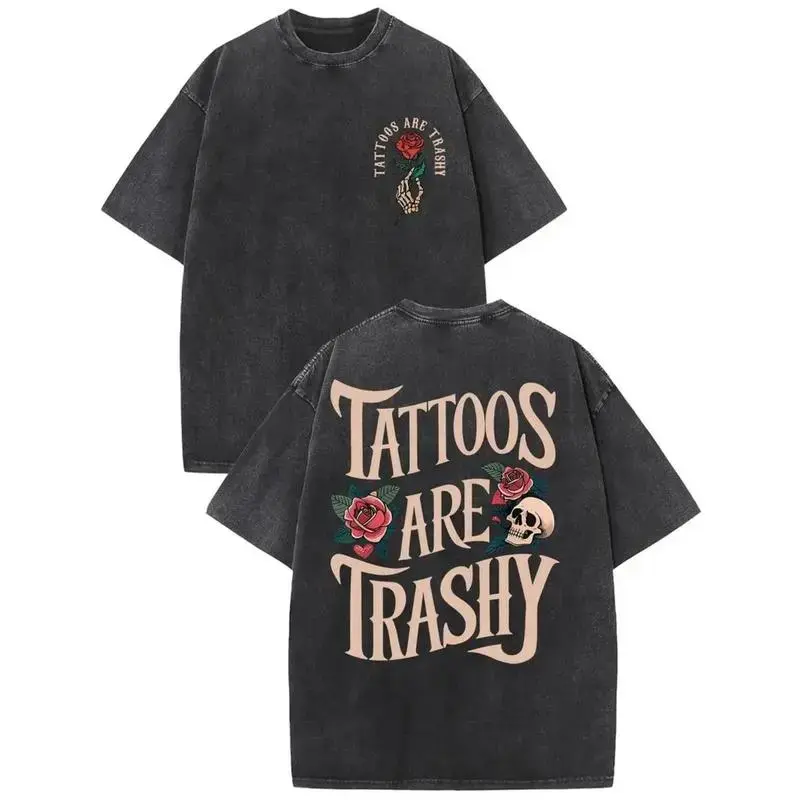 Men's Retro Lightweight Vintage Washed Cotton Tshirt - High-Quality Double-Sided Printed Lowbrow Tattoo Graphic, Drop Shoulder Round Neck Shortsleeve, Fitted/Normal Menswear Fashion Casual Summer Streetwear Top