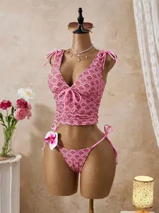 Women's Retro Print Deep V-Neck Drawstring Ruched Backless Camisole & Tie-Side Triangle Bikini 2-Piece Swimwear Set, Spring/Summer Women Two Pieces Sets Swimwear Bathing Suits For Women Pink Vacation Two Pieces Set Women Cherry Bathing Suit Wome