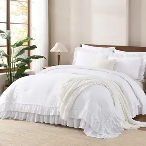 Andency Ruffle Comforter Set 3pcs Vintage Farmhouse Shabby Chic Bedding Ultra Soft Microfiber All Season Cozy Sleep Double Ruffle Design