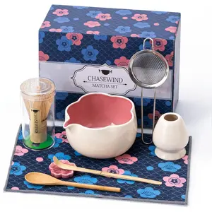 8Pcs Floral Ceramic Matcha Kit with Matcha Whisk, Holder, Scoop, Sifter, Spoon and Tea Towel, Thoughtful Gift for Matcha Lovers (Beige & Pink)