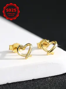 Women's S925 Silver Hollow Out Heart Ear Studs, Asymmetric Mini Cute Fashion Simple Versatile Earrings, Heart Shaped Earrings, Trendy Jewelry Accessories