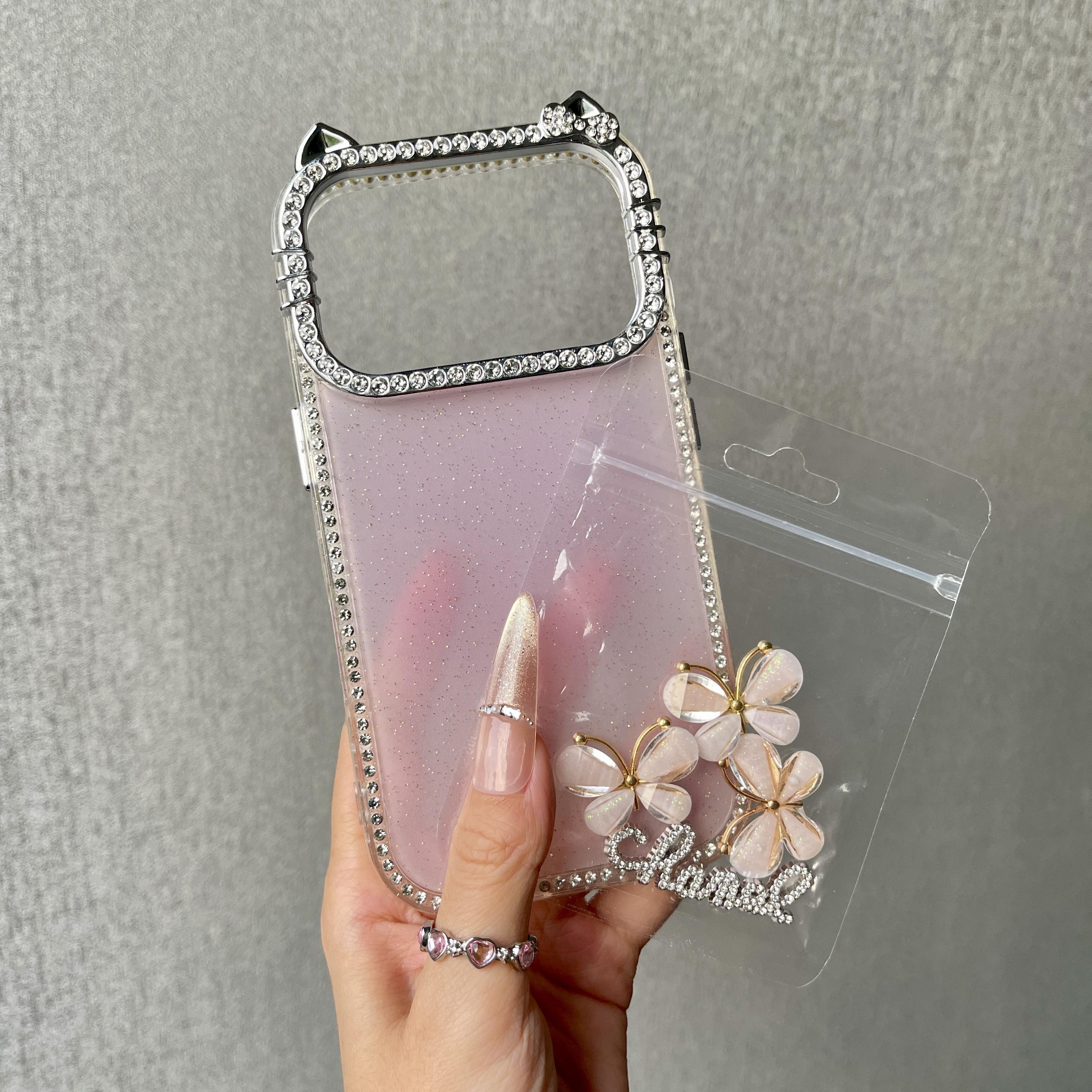 DIY Glitter Clear Phone Case with 3D Butterfly & Rhinestone Charms, Bling Cat Ear Diamond Frame Customizable Protective Cover for IP 17 PROMAX junk