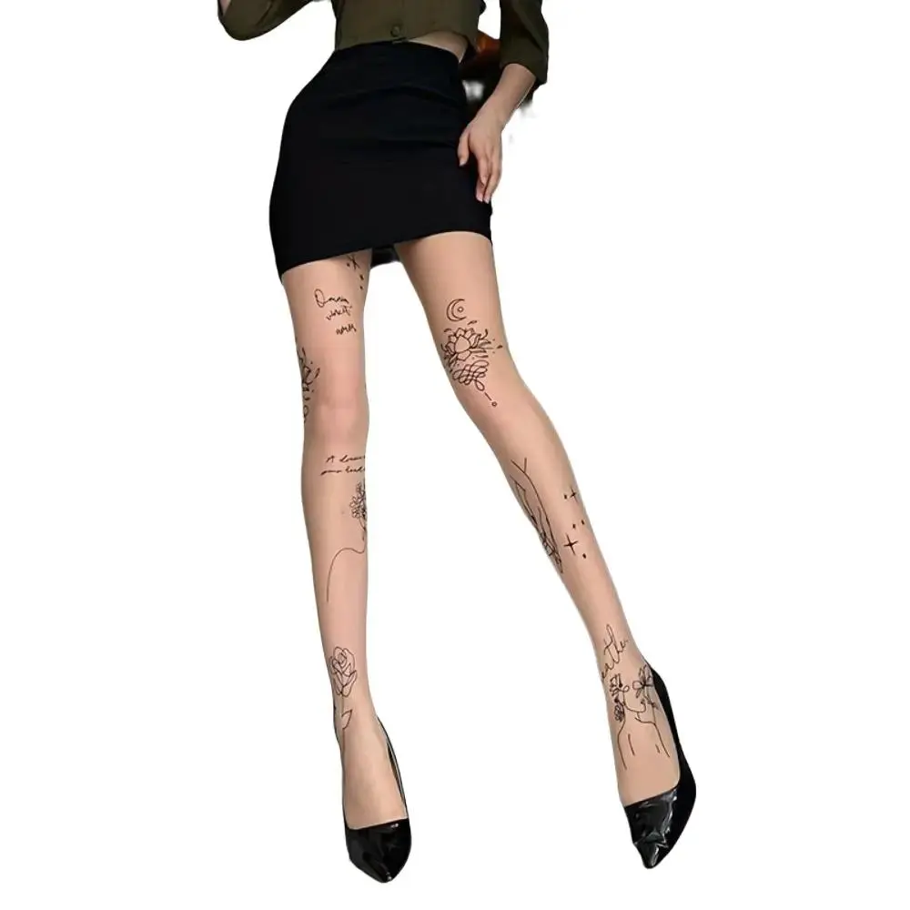 Women's 2-Pair Edgy Tattoo Print Sheer Nylon Tights - Aesthetic, Stretchy, Elastic, Breathable, Soft, Casual Pantyhose for Concerts & Everyday Wear (Blazer-Friendly Minimalist Twist Design)