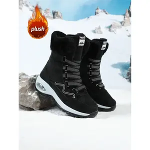 Women’s grey mid-calf snow boots with plush fur collar, functional straps, air cushion thick sole—warm, non-slip, breathable, trendy autumn daily casual boots