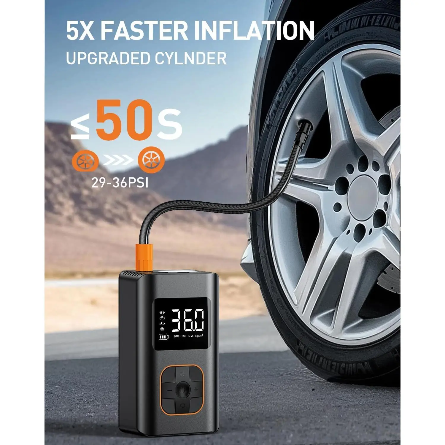 Tire Inflator Portable Air Compressor, 8000mAh Cordless Air Pump for Car Tires, 150 PSI Electric Bike Tire Pump with LED Light and Digital Pressure Gauge for Motorcycle, Auto, Ball, Bicycle