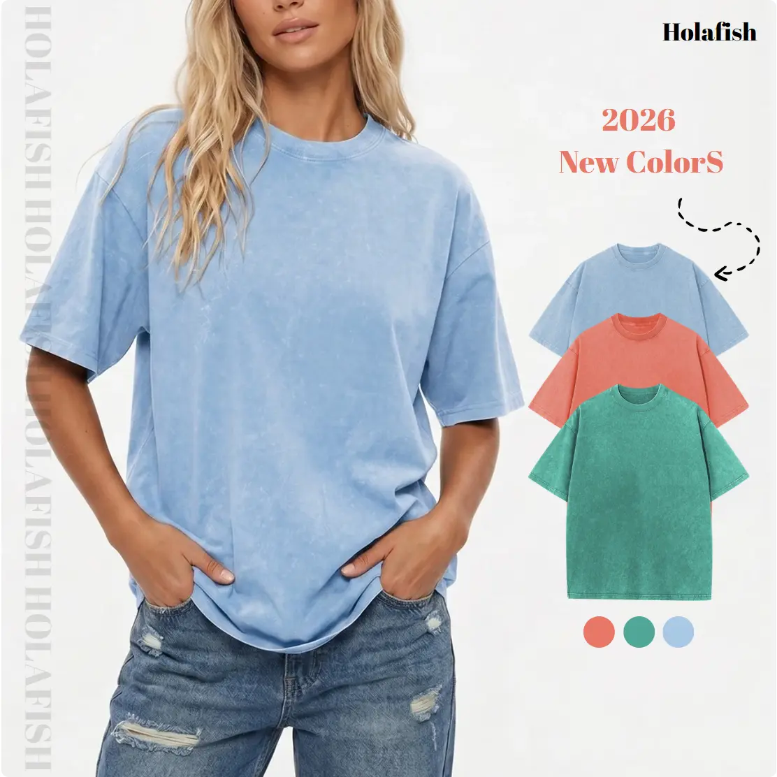 [New Arrivals!] Holafish 2026 New Colors Unisex Acid Washed Oversized T-Shirt Crew Neck Half Short Sleeve Summer Top Casual Loose Fit Solid Streetwear Comfortable Tees Basic Womenswear Shortsleeve Tshirt