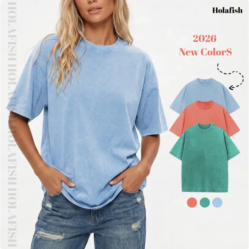 [New Arrivals!] Holafish 2026 New Colors Unisex Acid Washed Oversized T-Shirt Crew Neck Half Short Sleeve Summer Top Casual Loose Fit Solid Streetwear Comfortable Tees Basic Womenswear Shortsleeve Tshirt