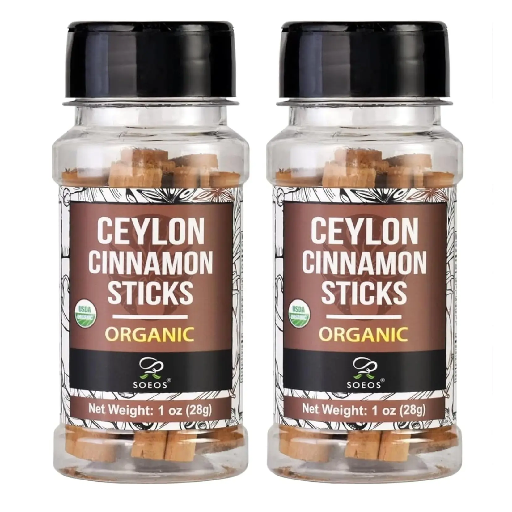 Soeos Ceylon Cinnamon Sticks 1 oz (28g) Pack of 2, Organic Cinnamon Sticks, Real Cinnamon farmed in Sri Lanka, Non-GMO, Cinnamon for Coffee, Baking, Cooking and Beverages