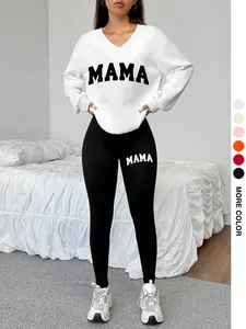 Women's Two-Piece Sweatshirt and Tight Pants Set, Womenswear, Fitted, Casual, Mama Letter Print, V-Neck Long Sleeve, Solid Color, Spring & Fall Fashion