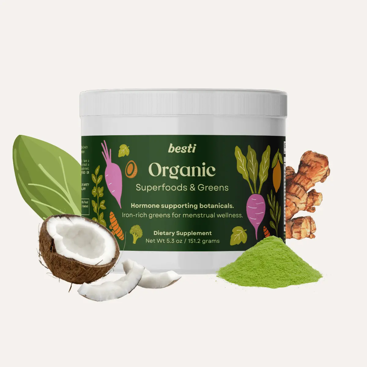 Besti Organic Greens & Superfoods Powder Daily Nutrition Supplement with Iron-Rich Spirulina & Leafy Greens for Hormonal Balance & Energy Support 5.3 oz