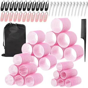 60Pcs Self Grip Hair Rollers Set for Women, 24 Curlers in 4 Sizes(60/48/36/25mm) with 34 Stainless Steel Clips Comb Storage Bag for Long Medium Short Hair