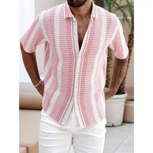 Men's Summer Striped Knit Shirt - Lightweight Short Sleeve Button-Up with Front Tie, Casual Loose Fit Pink Top Knitted Fabric