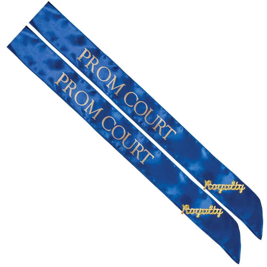 Prom Court Sash and Pin Set, 4-Piece Blue Satin Accessories with Gold Lettering and Glitter Royalty Pins for Coronation Celebrations, Goldlettering, Gold Glitter, 4 Piece Set