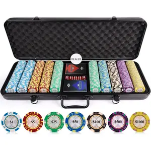 Casino Grade 13.5g Clay Monte Carlo Poker Chip Set, 7 Color Chip Denomination with 2 Decks of Cards, Dice and Dealer Button