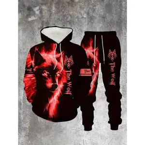 Men's Plus Size Hoodie and Sweatpants Set, 3D Wolf Pattern, Casual Sportswear, Comfortable Fashion, Ideal for Leisure, Fitness, Outdoor Activities