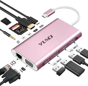 USB C Hub YLSCI 11 in 1 Docking Station with 4K HDMI VGA 100W PD Ethernet SD/TF 3.5MM Audio 4 USB A USB C Adapter for Mac Pro/Air Surface Pro and More