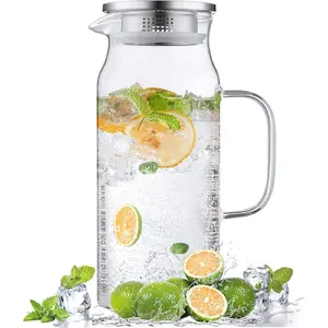 2 Liter 68 oz Glass Pitcher with Lid and Handle, Glass Carafe for Hot/Cold Water, Large Iced Tea Pitcher for Coffee, Juice and Homemade Beverage