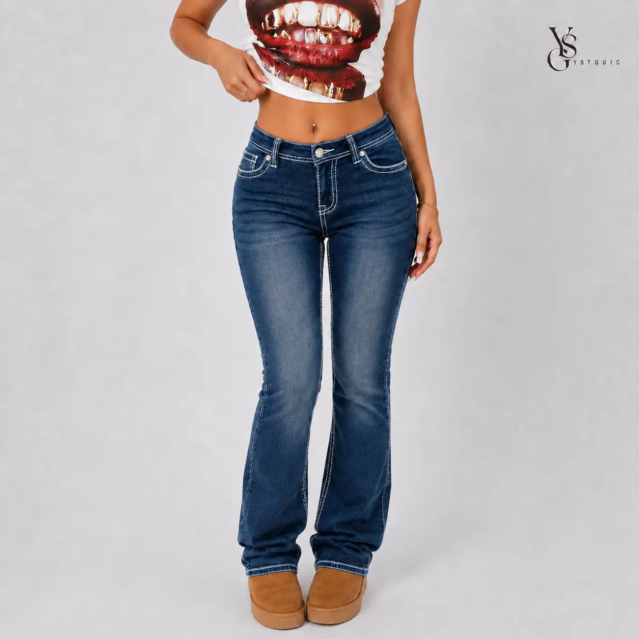 Women's low-rise, slim-fit jeans featuring rhinestone embroidery;HF260004-6 - designed with a stretchy, slim cut and a minimalist style.