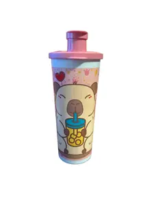 Baso Capibara 16 oz Reusable Bottle with Pink Lid & Fun Graphics for Kids Adorable Capibara Design Non-BPA Free