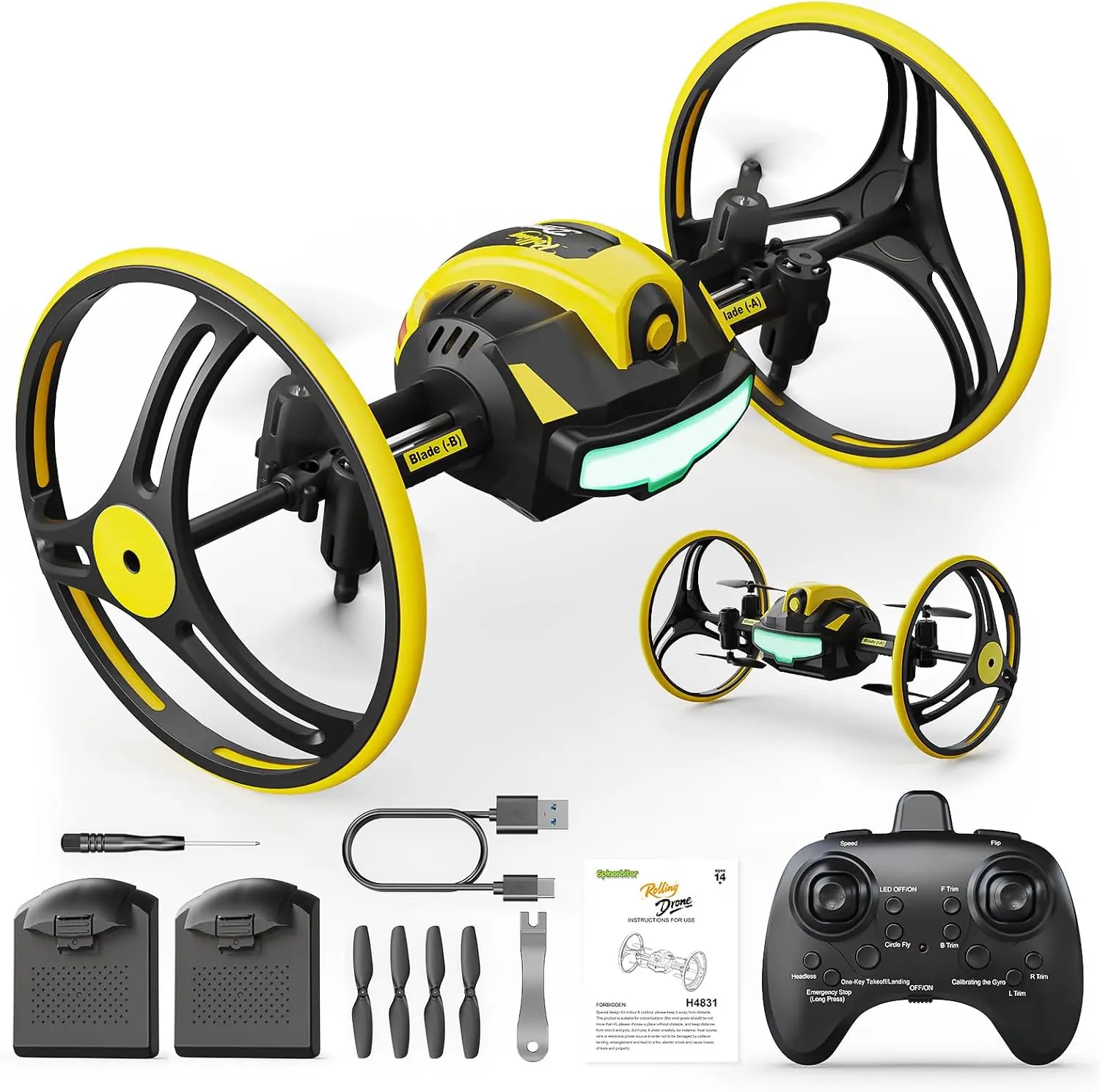 Holy Stone Drive Climb Drone for Kids Beginners, RC Quadcopter with Wall-Crawling, Ground Driving, 360° Flips, Air Hop, Circle Fly, Headless Mode, One Key Takeoff/Landing, LED Lights, Gift Toy for Boys Girls