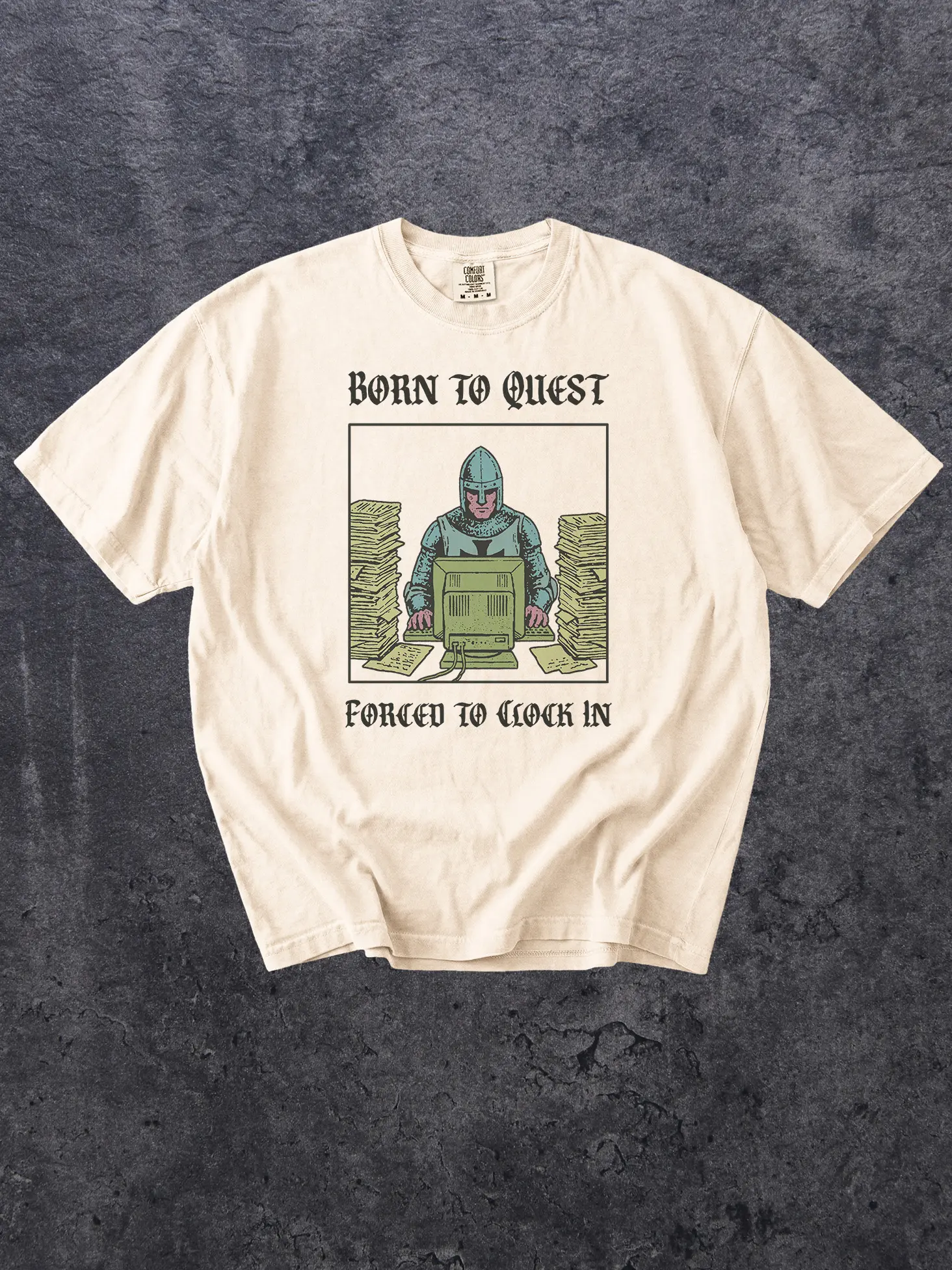Born to Quest Forced to Clock In Comfort Colors Shirt - Funny Fantasy Tee - RPG Gamer Shirt - D&D Inspired Graphic Tee - Medieval Knight Shirt
