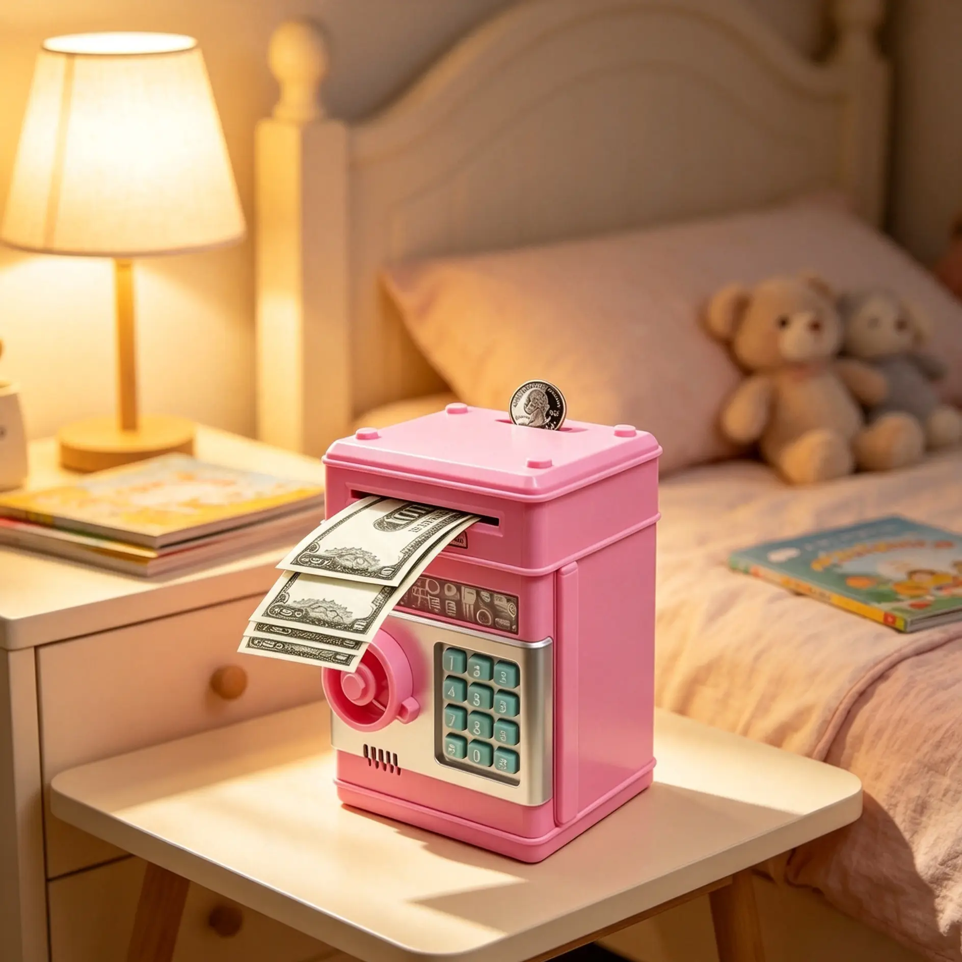 Stylish Mini Electronic ATM Piggy Bank for Kids and Teenagers with Security Code Lock, Automatic Bill Rolling Function, Coin Cash Dual Use Savings Box, Ideal Gift for Boys Girls Aged 3 to 13 for Birthday and Christmas Holiday.decor gift