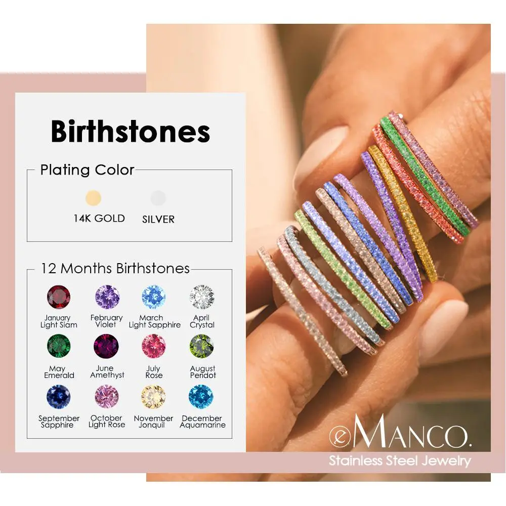 EManco Rhinestone Birthstone Stainless Steel Ring Luxury Jewelry Gift 12 Zodiac Sparkling Rings for Women  US5/6/7/8