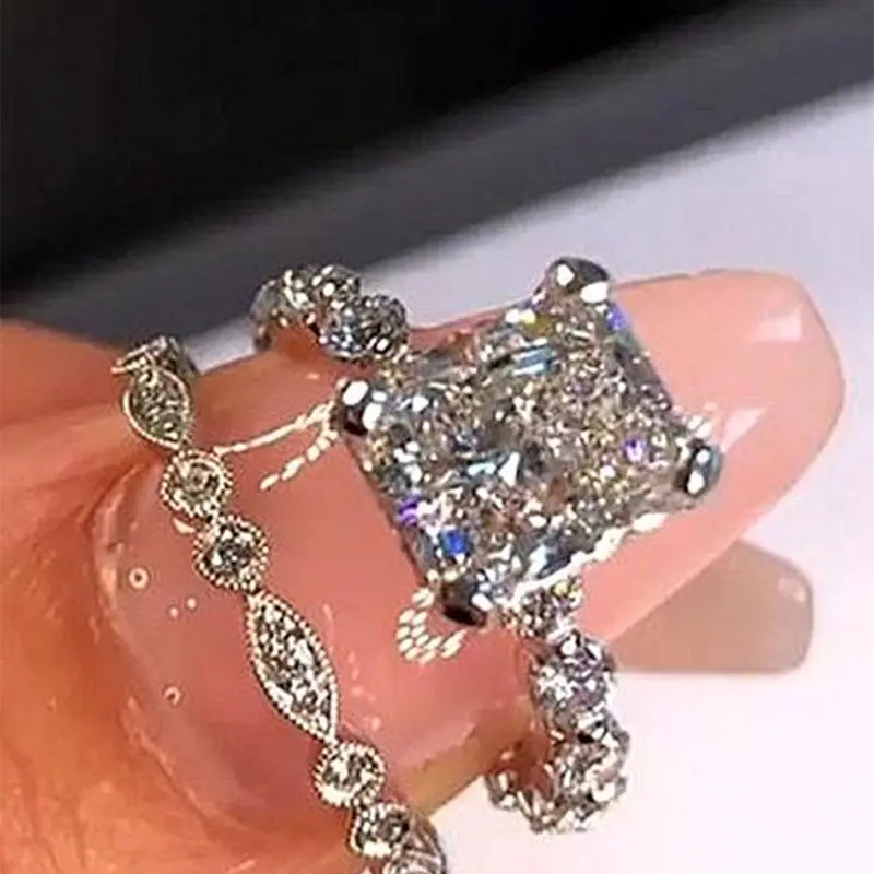 Women's Elegant Rhinestone Decorated Copper Rings, 2pcs/set Fashion Gorgeous Rings Engagement Wedding Jewelry for Wedding Party, Engagement Gift for Women, Princess Ring, Beautiful Rings