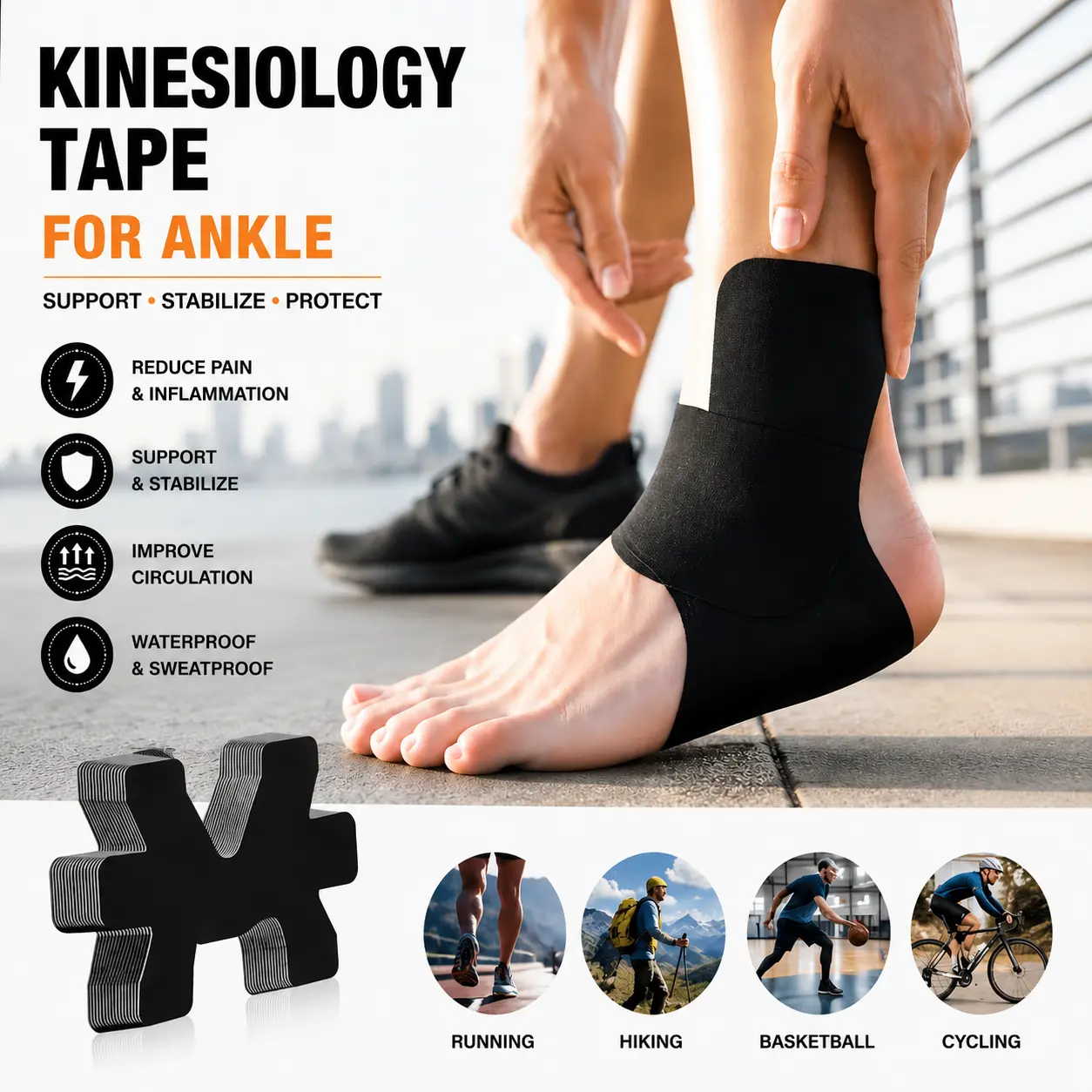 summerwins Precut Ankle Kinesiology Tape (10PCS) - Ankle Stabilizer for Youth, Men & Women, Pain Relief, Reduces Swelling, All Seasons Breathable Elastic Athletic Tape for Running, Basketball, Hiking sport